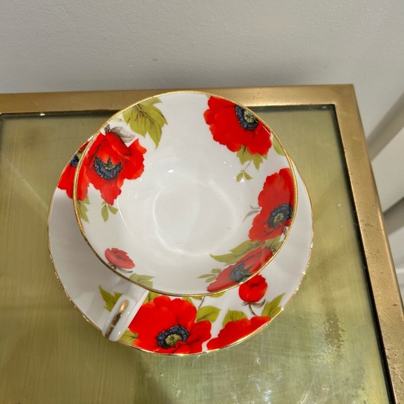 Limoges France Porcelain Tea Cup Saucer set Japan Red Flowers Poppies - Picture 3 of 8